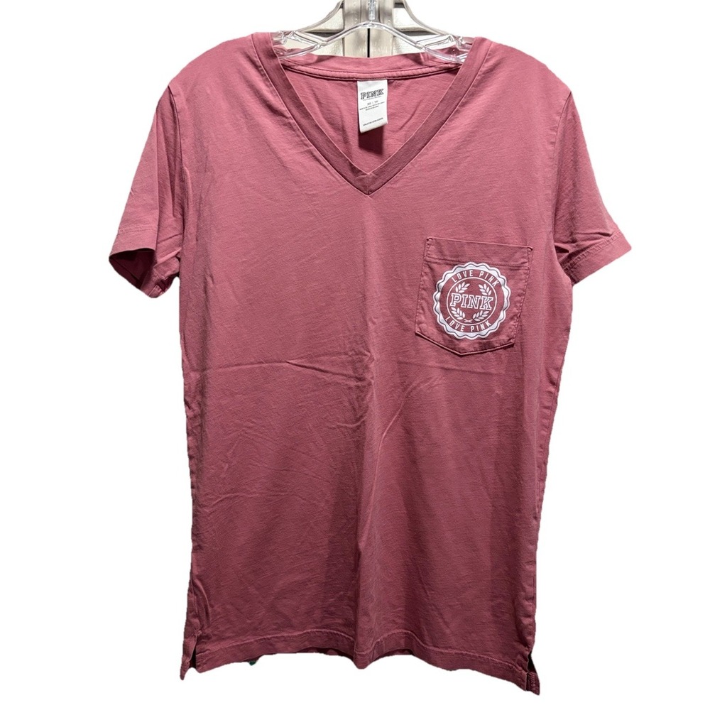 VS PINK Mauve V Neck Short Sleeve Top Size XS Logo Pocket Casual Graphic Back